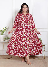 Plus Size Red Floral Print Flared Long Kurta-400069